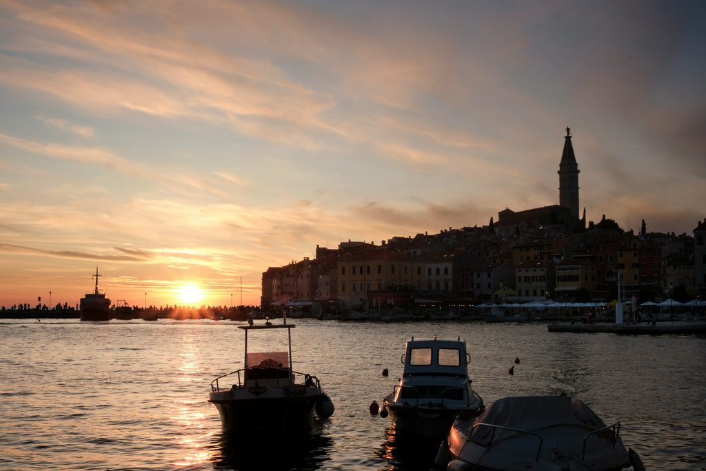 Rovinje seen from the boat during the sunset